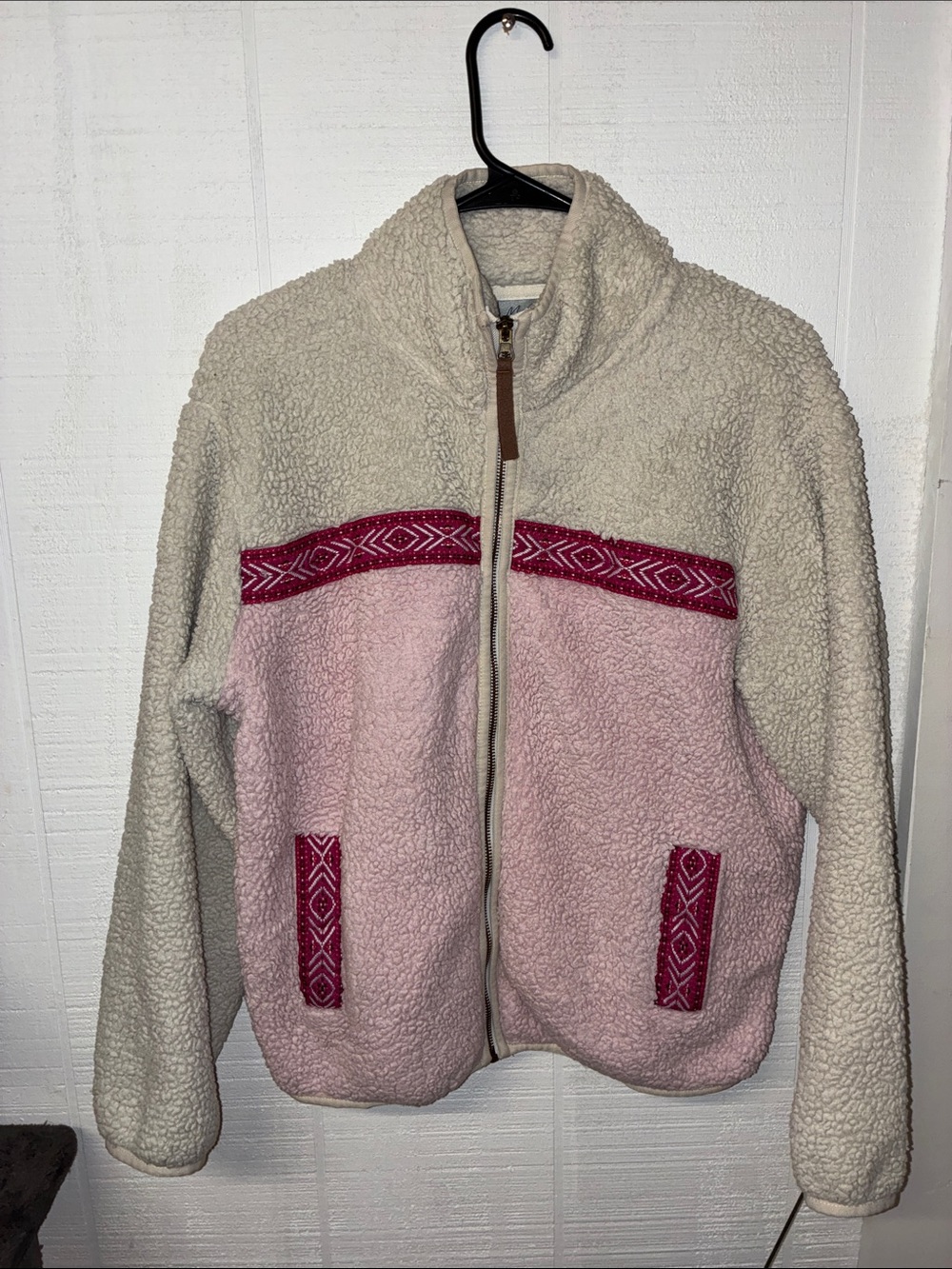 Cozy Teddy Jacket - Cream & Pink with Red Trim